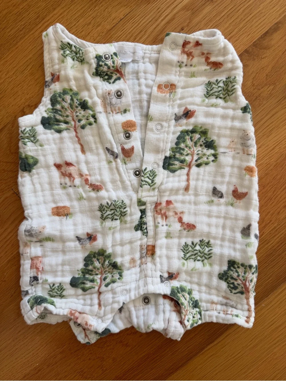 Angel Dear White Muslin Romper & Sun Hat Set with Green and Brown Woodland Print